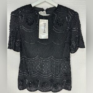 NWT Stenay by Patra silk beaded embellished blouse top black size S
